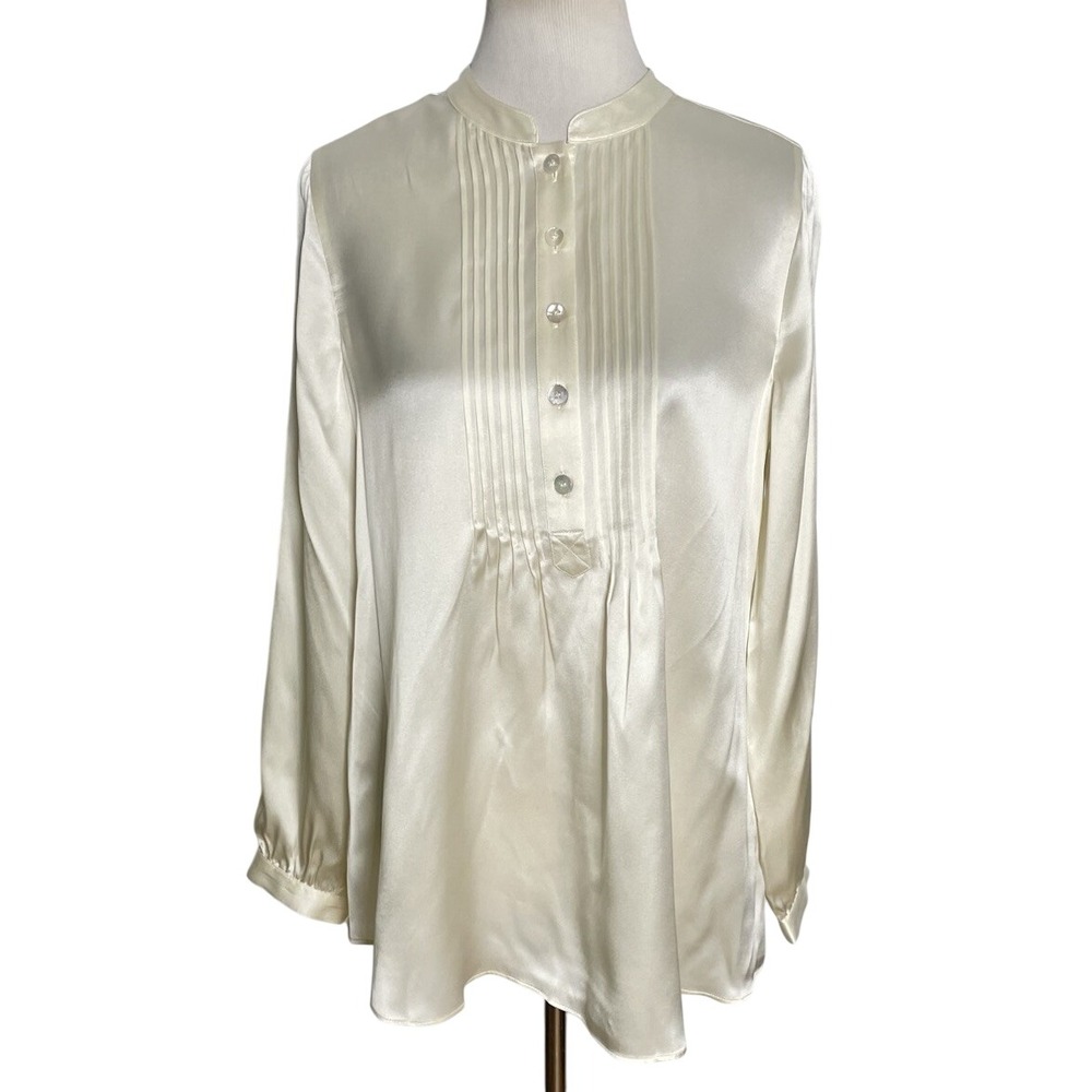 NWT Soft Surroundings Ivory Silk Pin tuck Tuxedo Long Tunic Blouse Shirt Small